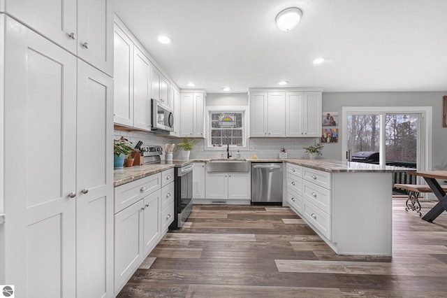 kitchen with a sink, dark wood finished floors, stainless steel appliances, a peninsula, and decorative backsplash