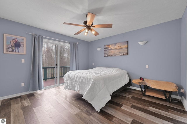 bedroom with baseboards, ceiling fan, wood finished floors, and access to exterior