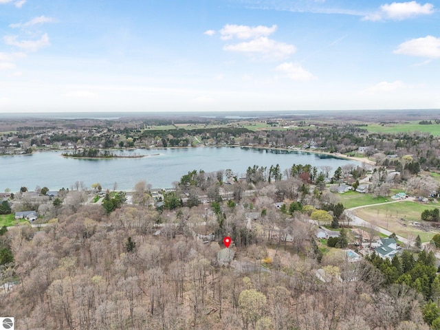 bird's eye view with a water view