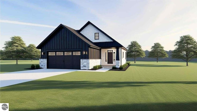 modern farmhouse style home with board and batten siding, driveway, a garage, a front lawn, and stone siding