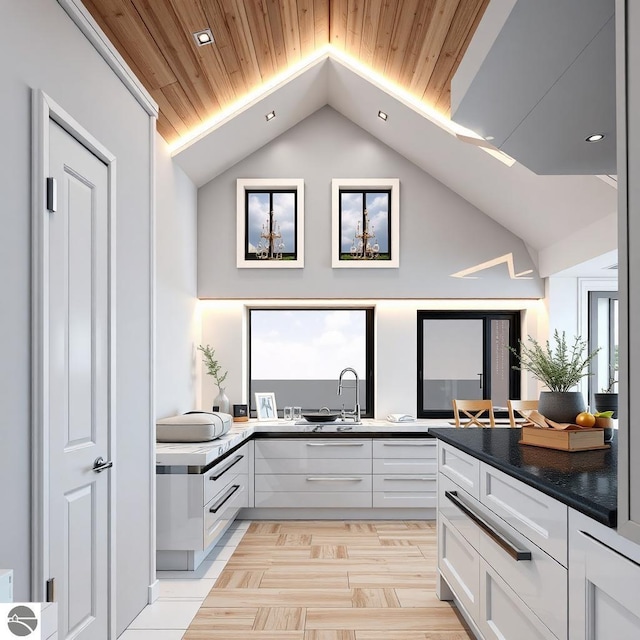 kitchen with dark countertops, recessed lighting, wood ceiling, white cabinets, and vaulted ceiling