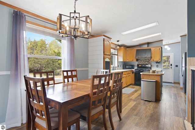 dining space with vaulted ceiling, wood finished floors, and a chandelier