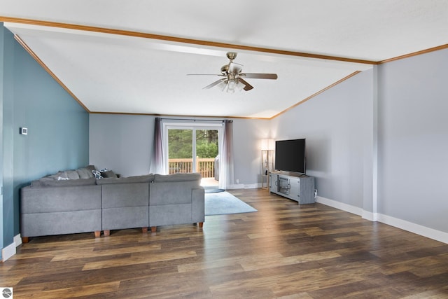 living area featuring a ceiling fan, baseboards, vaulted ceiling with beams, and wood finished floors