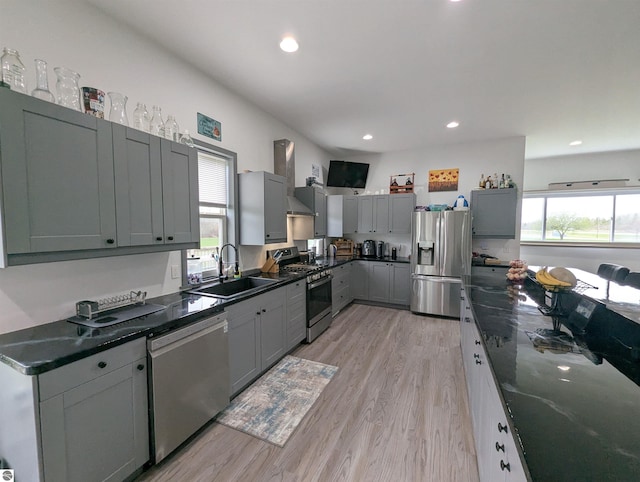 kitchen with plenty of natural light, a sink, gray cabinets, and appliances with stainless steel finishes