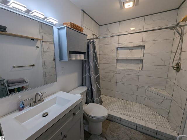 full bathroom with vanity, a stall shower, and toilet