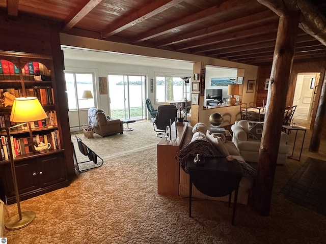 living area with carpet floors, a baseboard radiator, a healthy amount of sunlight, and beamed ceiling