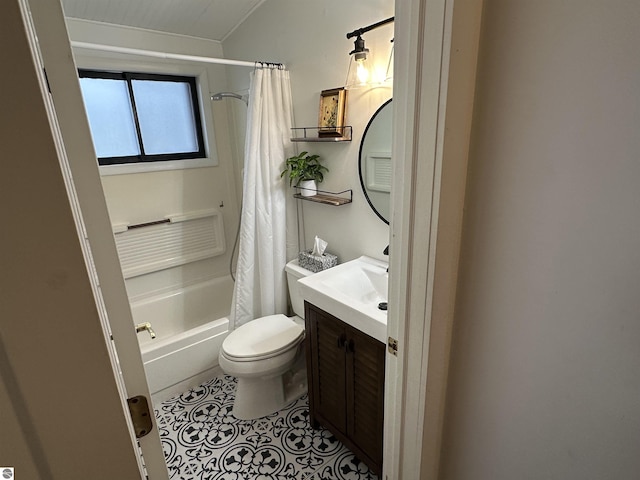 bathroom featuring toilet, shower / bath combination with curtain, tile patterned flooring, and vanity