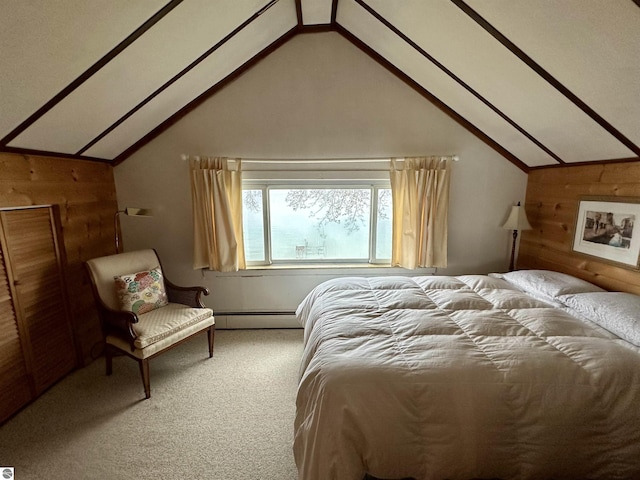 carpeted bedroom featuring wood walls, vaulted ceiling, and a baseboard radiator