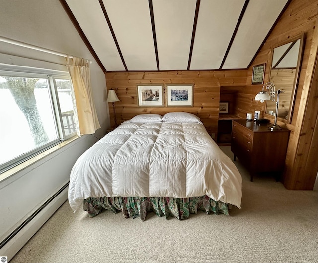 carpeted bedroom with vaulted ceiling with beams, a baseboard radiator, and wood walls