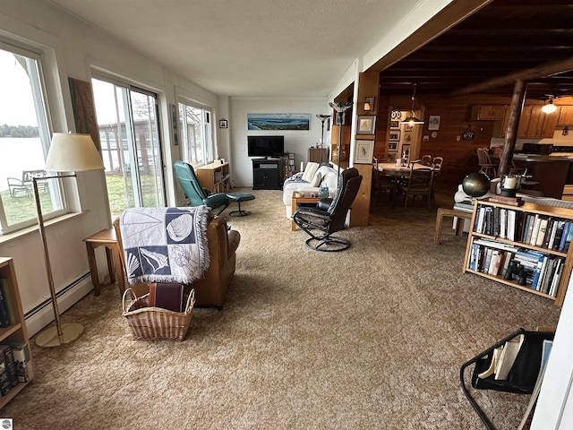 interior space with wooden walls, carpet flooring, and a baseboard heating unit