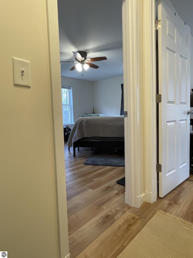 bedroom with light wood finished floors and ceiling fan