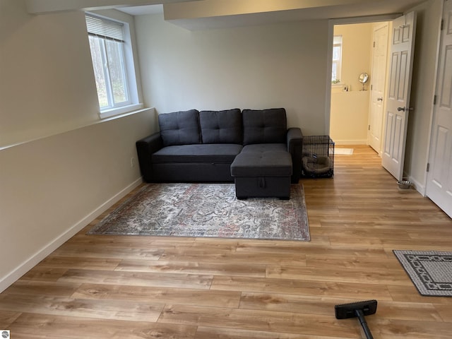 living room with baseboards and wood finished floors