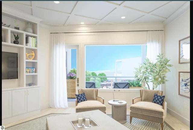 living area with baseboards, recessed lighting, and coffered ceiling