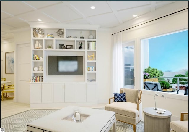 living area featuring recessed lighting, beamed ceiling, and coffered ceiling