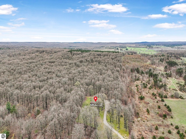 birds eye view of property featuring a wooded view
