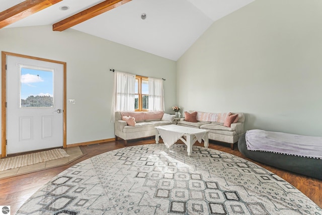 7276 Tiger Dr Unit A, And B, Lake Ann, MI 49650 - living area featuring baseboards, lofted ceiling with beams, and wood finished floors