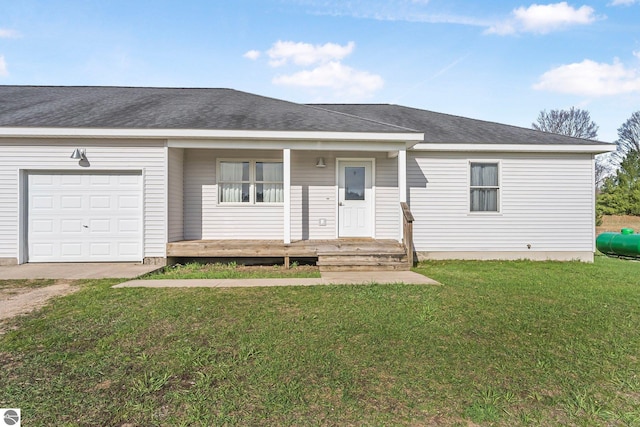 7276 Tiger Dr Unit A, And B, Lake Ann, MI 49650 - ranch-style home featuring a porch, a front lawn, an attached garage, and driveway