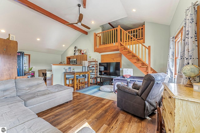 7276 Tiger Dr Unit A, And B, Lake Ann, MI 49650 - living room featuring lofted ceiling with beams, stairs, a ceiling fan, recessed lighting, and wood finished floors
