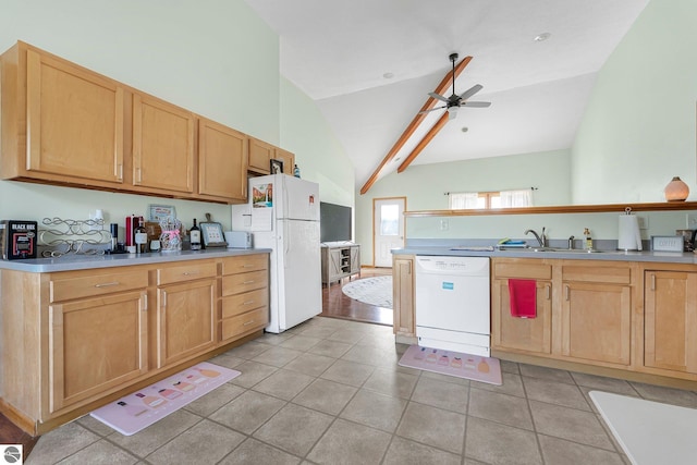 7276 Tiger Dr Unit A, And B, Lake Ann, MI 49650 - kitchen featuring ceiling fan, light brown cabinets, white appliances, high vaulted ceiling, and light tile patterned floors