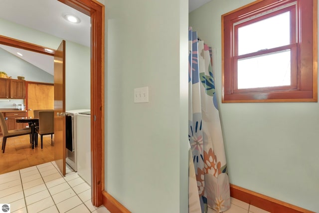 7276 Tiger Dr Unit A, And B, Lake Ann, MI 49650 - full bath with tile patterned flooring, lofted ceiling, and curtained shower