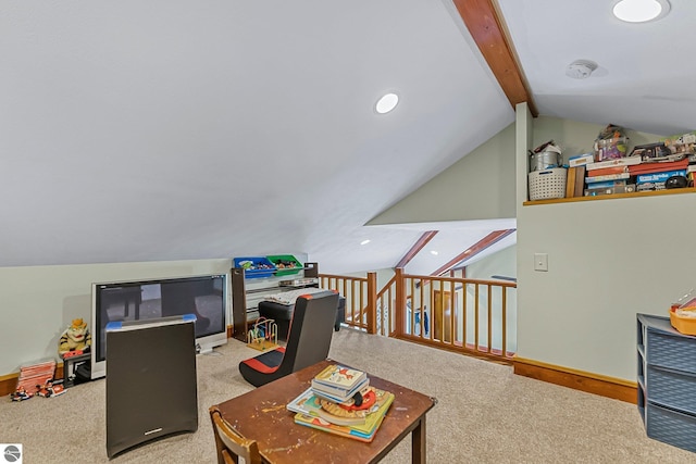 7276 Tiger Dr Unit A, And B, Lake Ann, MI 49650 - game room featuring carpet flooring, baseboards, and lofted ceiling with beams