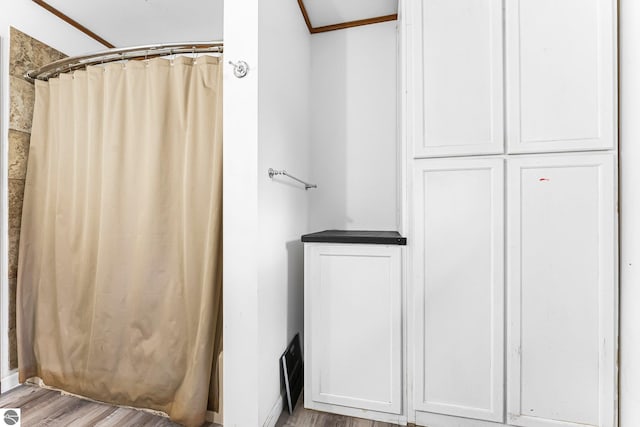 1981 S Lake Mitchell Dr, Cadillac, MI 49601 - full bathroom with curtained shower and wood finished floors
