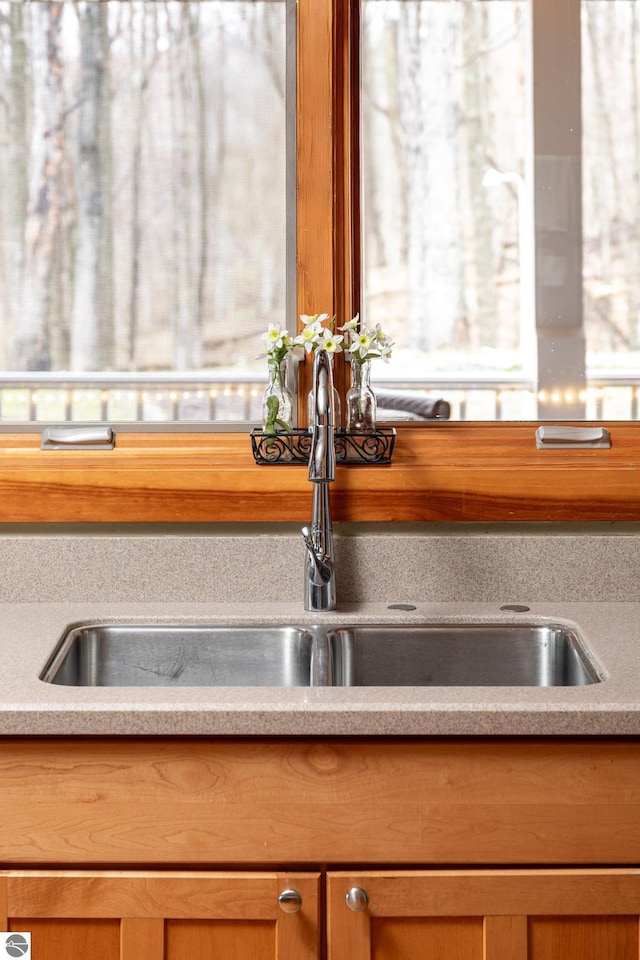 room details with brown cabinetry and a sink
