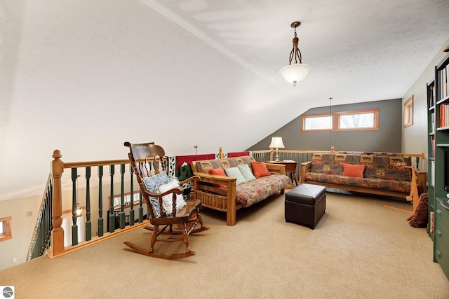 living area with carpet flooring and lofted ceiling