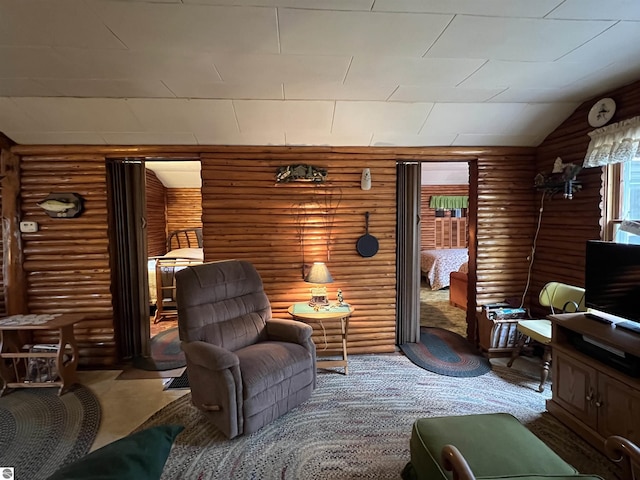 living area with rustic walls
