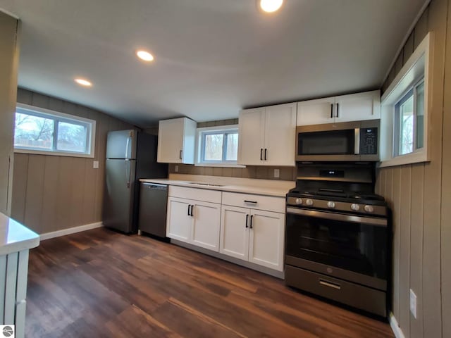 kitchen featuring light countertops, appliances with stainless steel finishes, dark wood-type flooring, and a healthy amount of sunlight