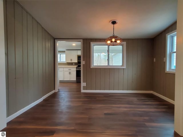 unfurnished dining area featuring wood walls, baseboards, and dark wood-style floors