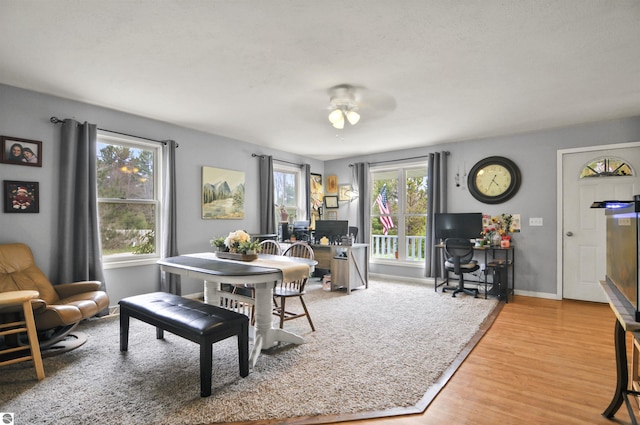 dining room featuring ceiling fan, light wood-style flooring, and baseboards