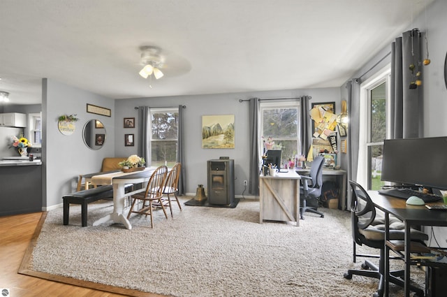 office with wood finished floors, baseboards, and ceiling fan