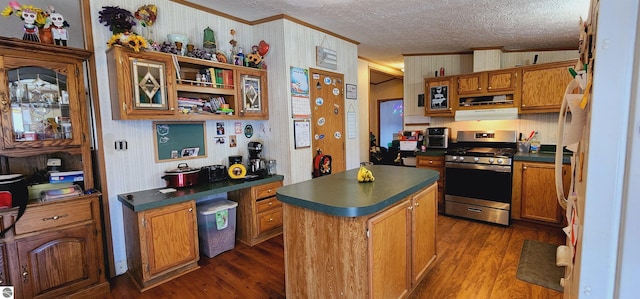 kitchen with under cabinet range hood, crown molding, stainless steel gas range oven, and dark countertops