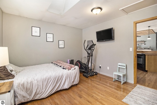 7809 Potter Rd, Bear Lake, MI 49614 - bedroom with a skylight, light wood-style flooring, attic access, and baseboards