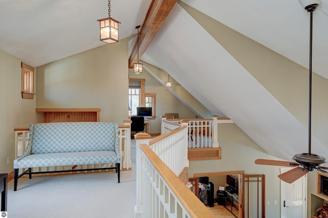 4130 W Dodge Springs Trl, Maple City, MI 49664 - interior space featuring carpet, an upstairs landing, lofted ceiling with beams, and ceiling fan