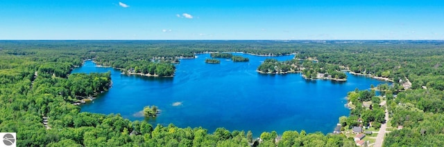 aerial view with a water view and a forest view