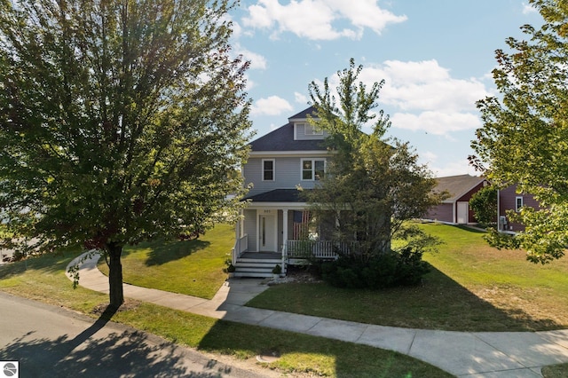 view of front of property featuring covered porch and a front yard