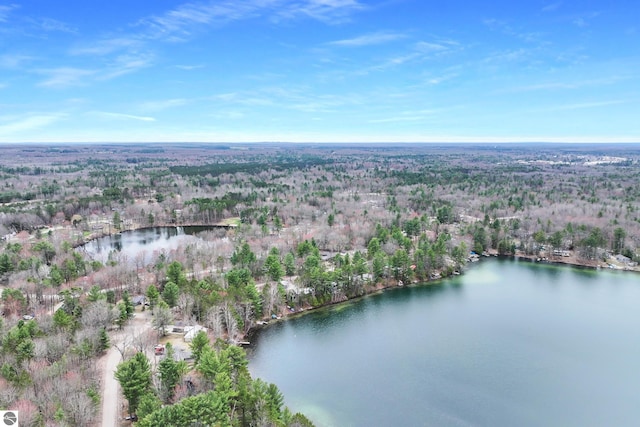 aerial view featuring a water view and a view of trees