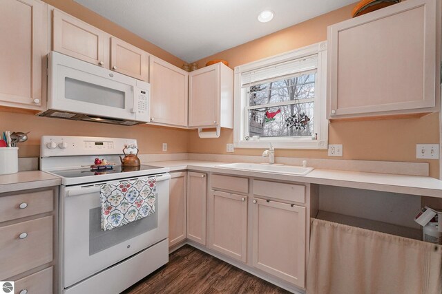 715 Lake Ave Unit 17-C, Traverse City, MI 49684 - kitchen featuring a sink, white appliances, dark wood-type flooring, recessed lighting, and light countertops