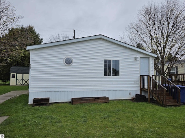 view of property exterior with a storage unit, an outdoor structure, and a lawn