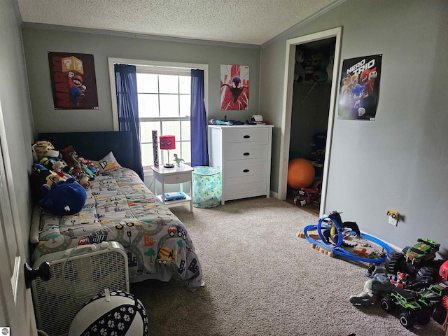carpeted bedroom with a textured ceiling
