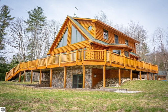 9184 S M-37, Wellston, MI 49689 - back of property with stone siding, a yard, log siding, and a deck