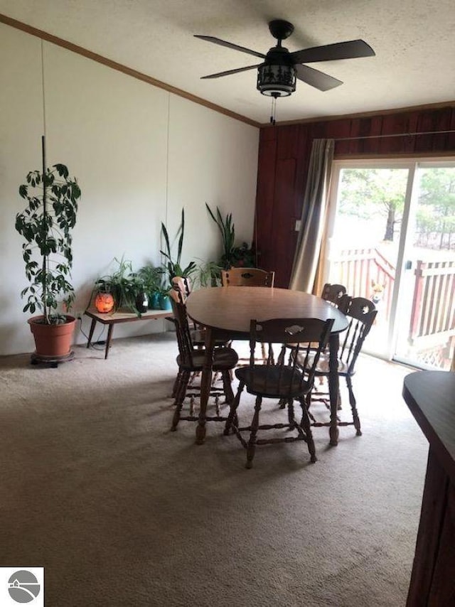 6626 Terry Ln, Hale, MI 48739 - carpeted dining area with a ceiling fan, a textured ceiling, and crown molding