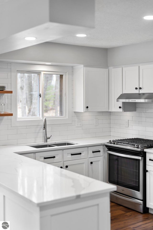 7555 Anthony St, Fife Lake, MI 49633 - kitchen featuring stainless steel gas range oven, a sink, backsplash, recessed lighting, and white cabinets