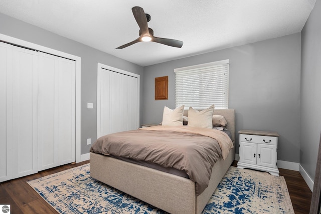7555 Anthony St, Fife Lake, MI 49633 - bedroom with multiple closets, dark wood-style flooring, baseboards, and ceiling fan