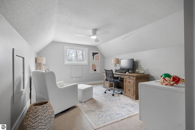 7555 Anthony St, Fife Lake, MI 49633 - office space featuring vaulted ceiling, ceiling fan, a textured ceiling, light carpet, and baseboards