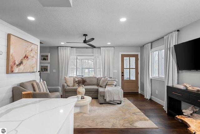 7555 Anthony St, Fife Lake, MI 49633 - living room with a ceiling fan, healthy amount of natural light, dark wood finished floors, recessed lighting, and baseboards