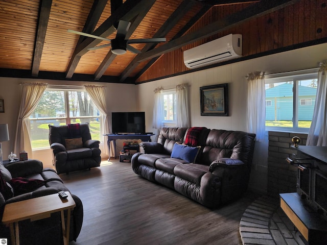 living room with a wall unit AC, wood finished floors, wood ceiling, and a ceiling fan