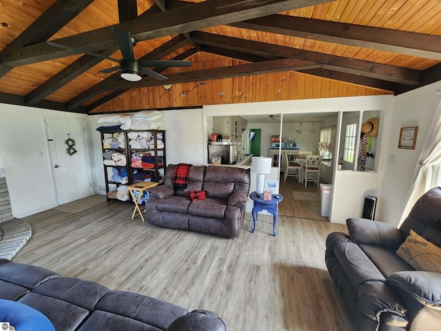 living area with ceiling fan, wood finished floors, and wooden ceiling